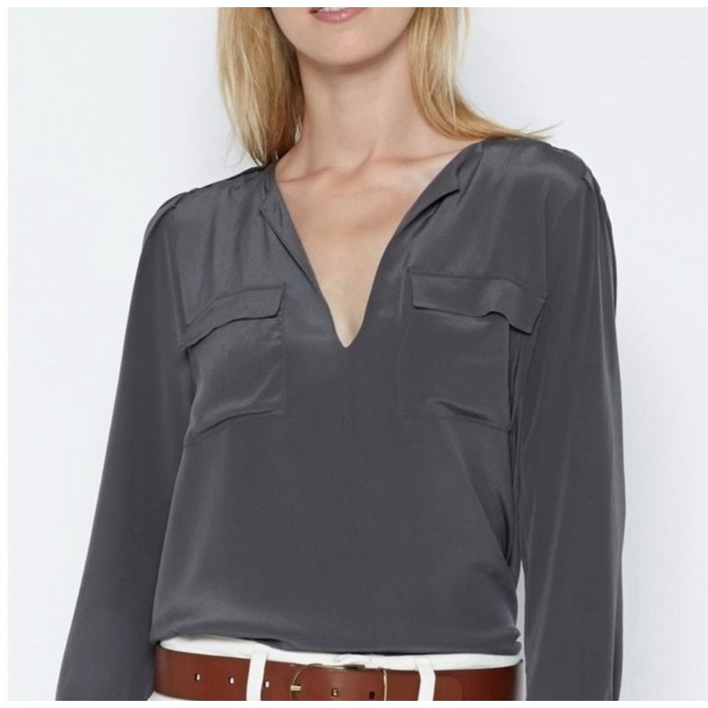 Joie Marlo Silk Utility Pocket Blouse Top Gray Long Sleeve V Neck Size Small